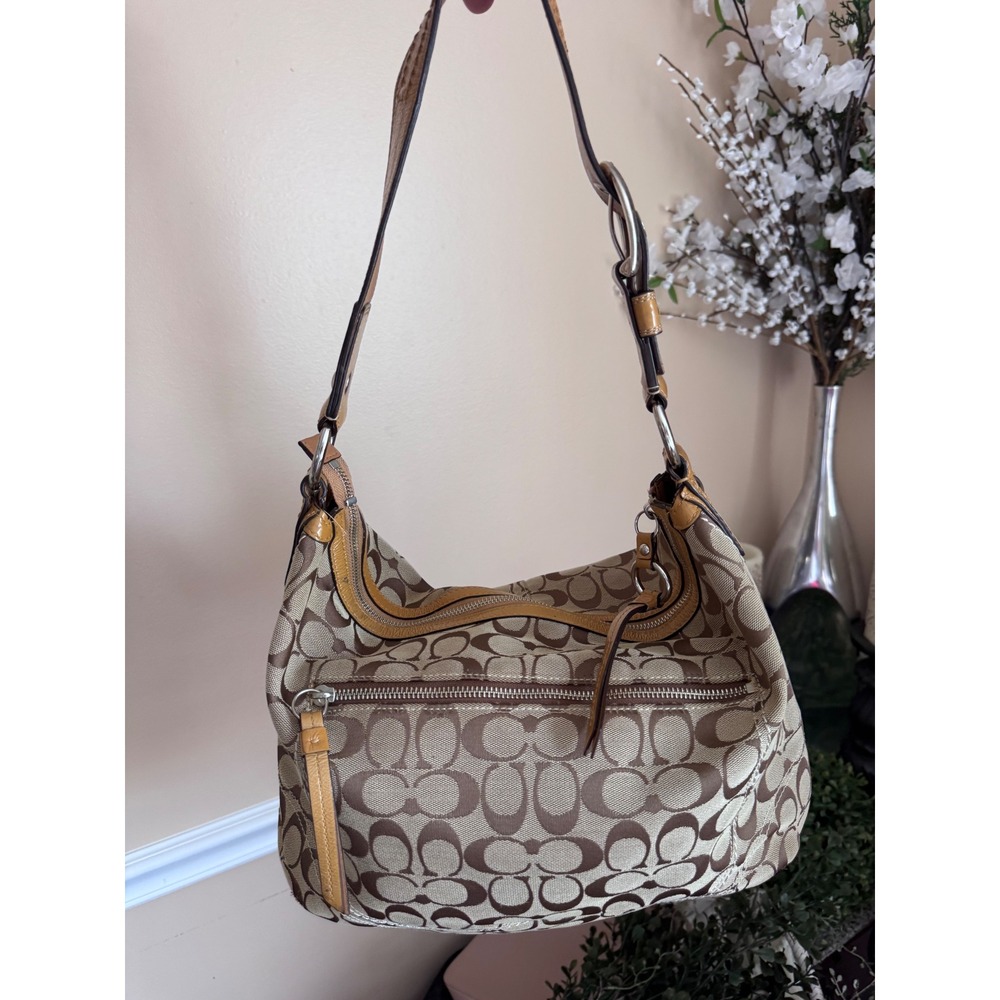 Coach Signature Canvas Hobo Bag Khaki Tan Leather F13116
